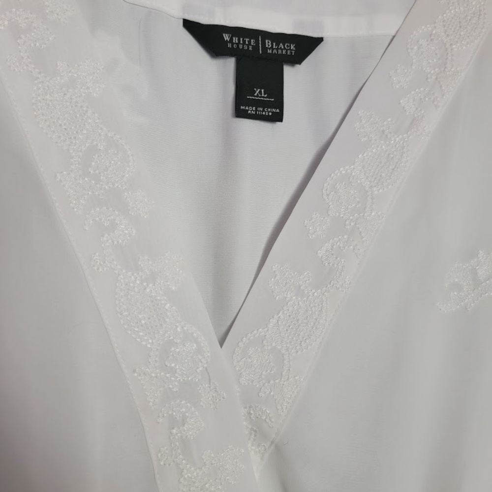 White House Black Market White V-Neck Smocked Waist Blouse - Picture 8 of 11